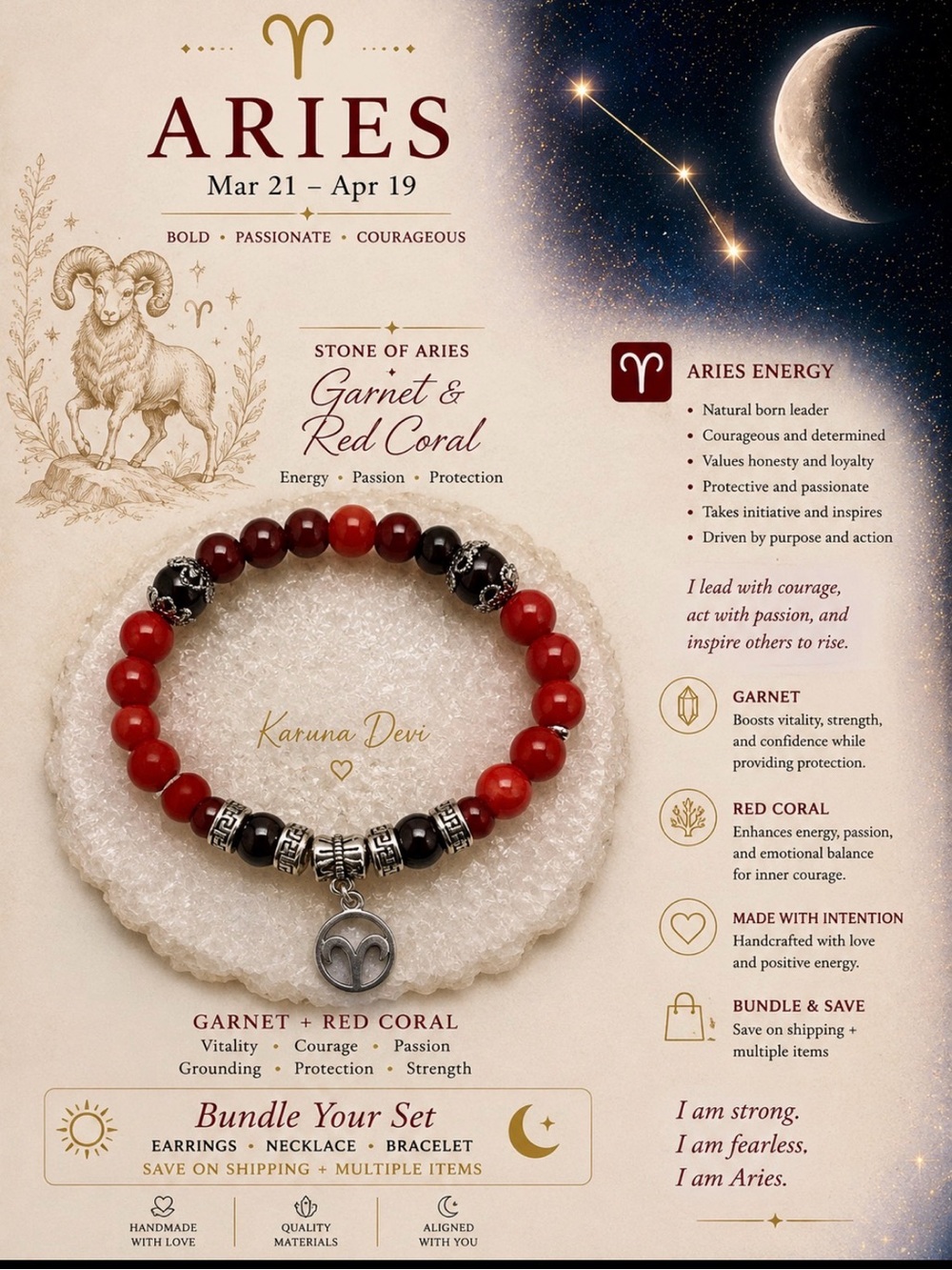 Aries Garnet & Red Coral Stretch Bracelet - unisex